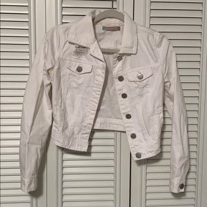 Distressed white denim jacket